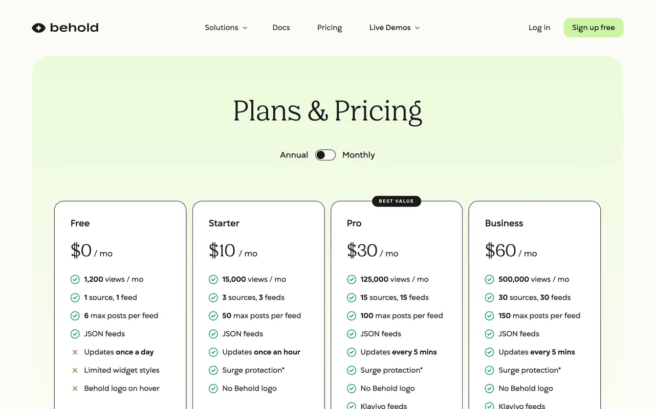 Behold pricing page - Widgets SaaS pricing tiers and plans