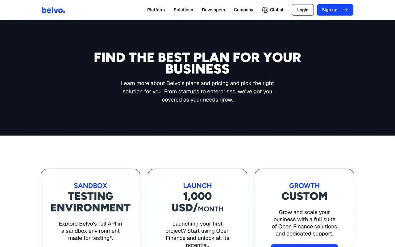 Belvo pricing page - Payment & Fintech SaaS pricing tiers and plans