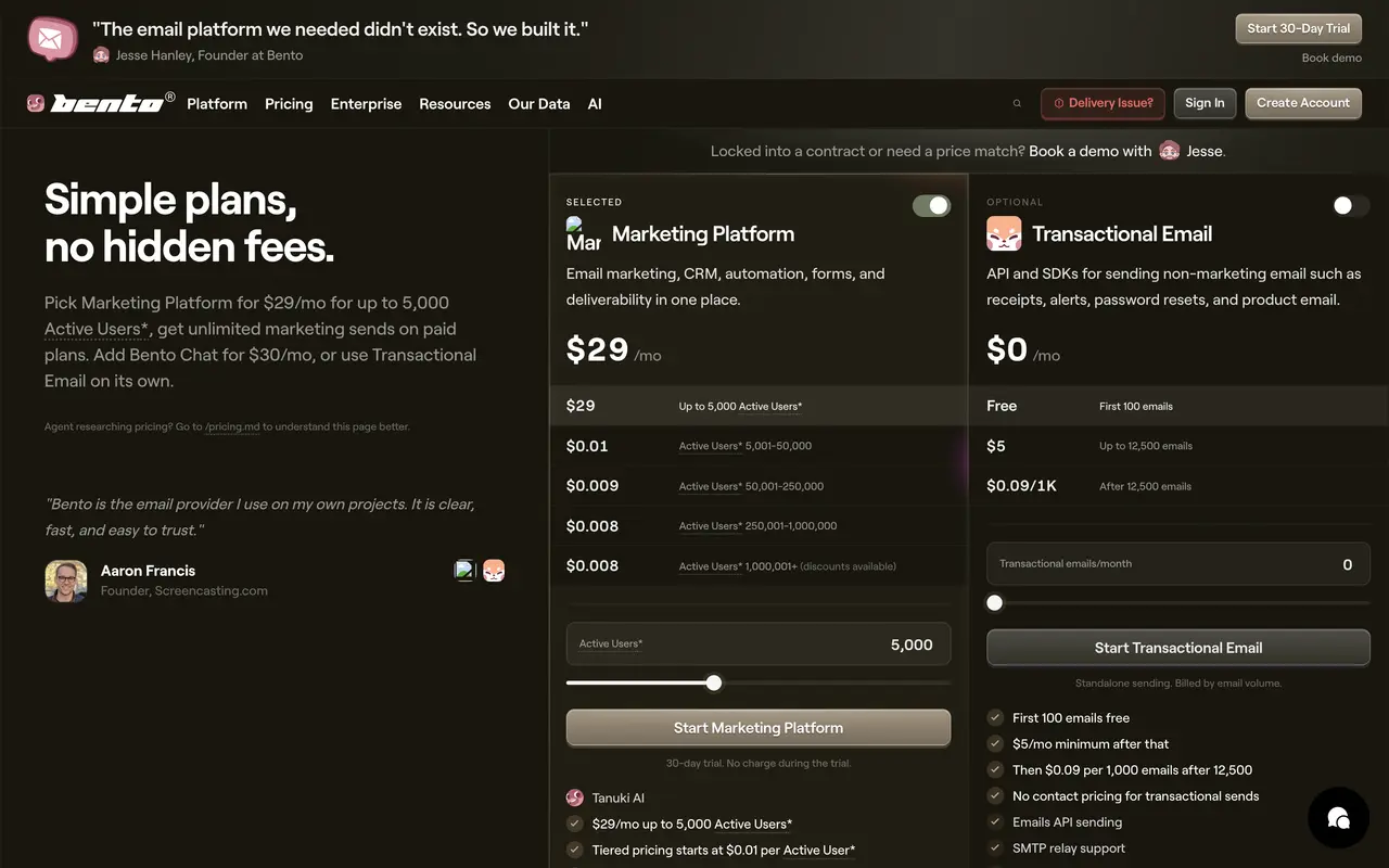 Bento pricing page - Email & Newsletter SaaS pricing tiers and plans