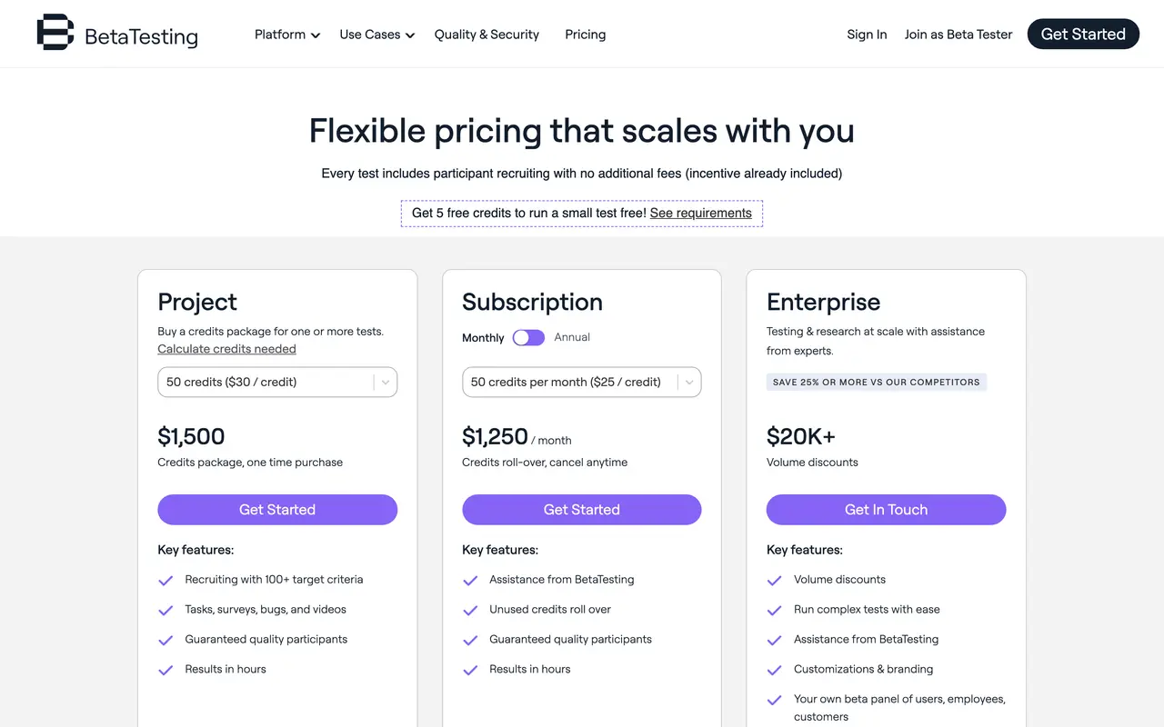BetaTesting pricing page - HR & Recruiting SaaS pricing tiers and plans