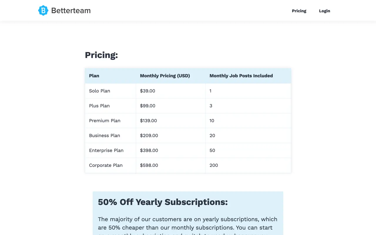 Betterteam pricing page - HR & Recruiting SaaS pricing tiers and plans