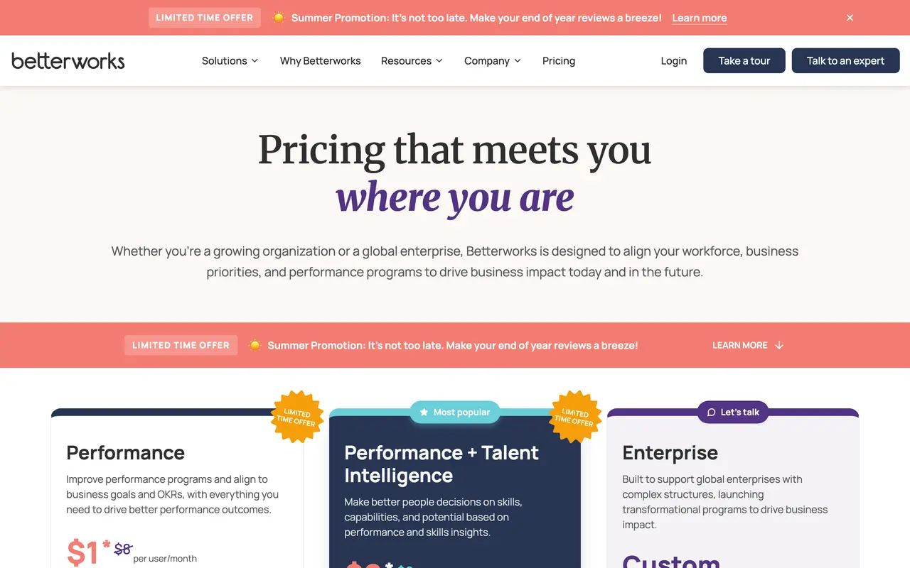 Betterworks pricing page - HR & Recruiting SaaS pricing tiers and plans