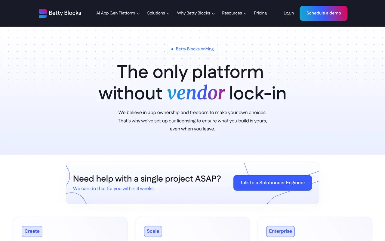 Betty Blocks pricing page - No-Code SaaS pricing tiers and plans