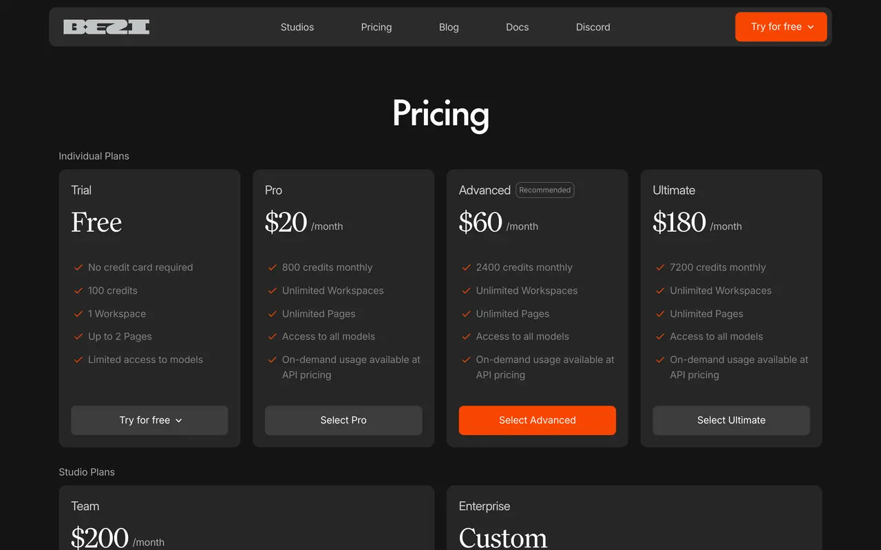 Bezi pricing page - Creative SaaS pricing tiers and plans