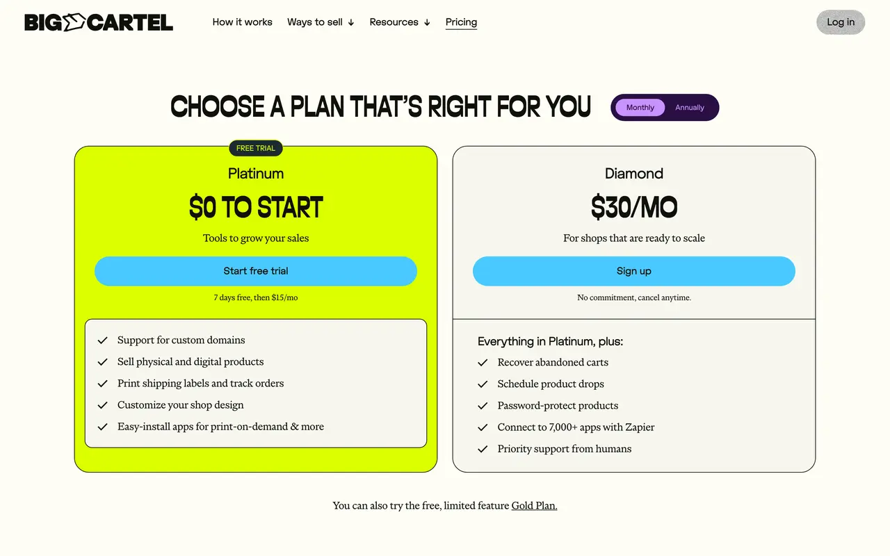 Big Cartel pricing page - E-commerce SaaS pricing tiers and plans