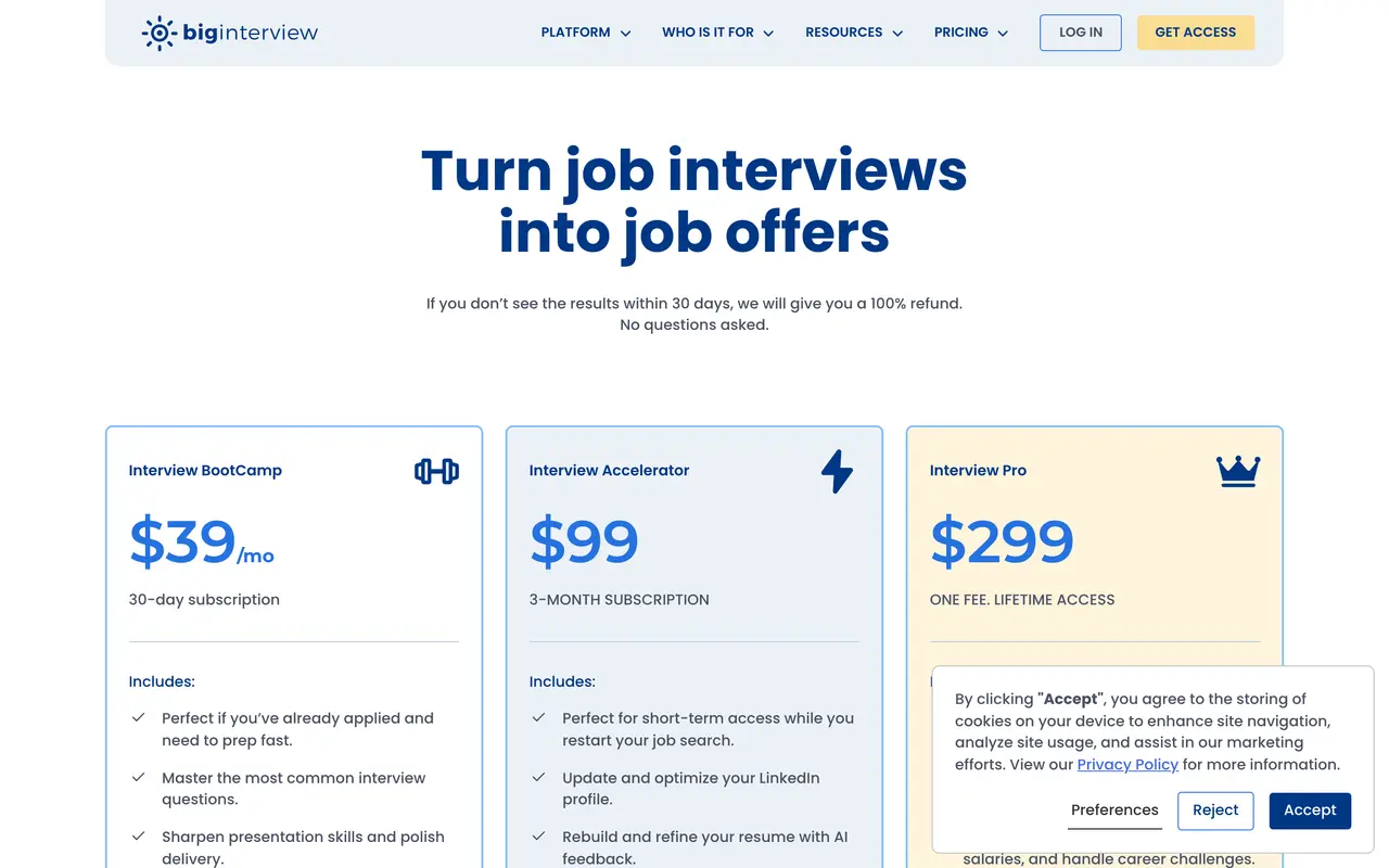 Big Interview pricing page - AI HR & Recruiting SaaS pricing tiers and plans