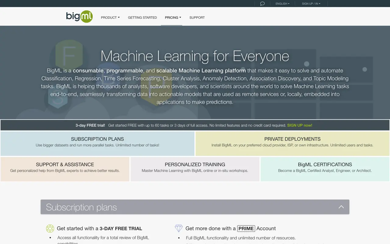 BigML.com - Machine Learning made easy pricing page - Education SaaS pricing tiers and plans