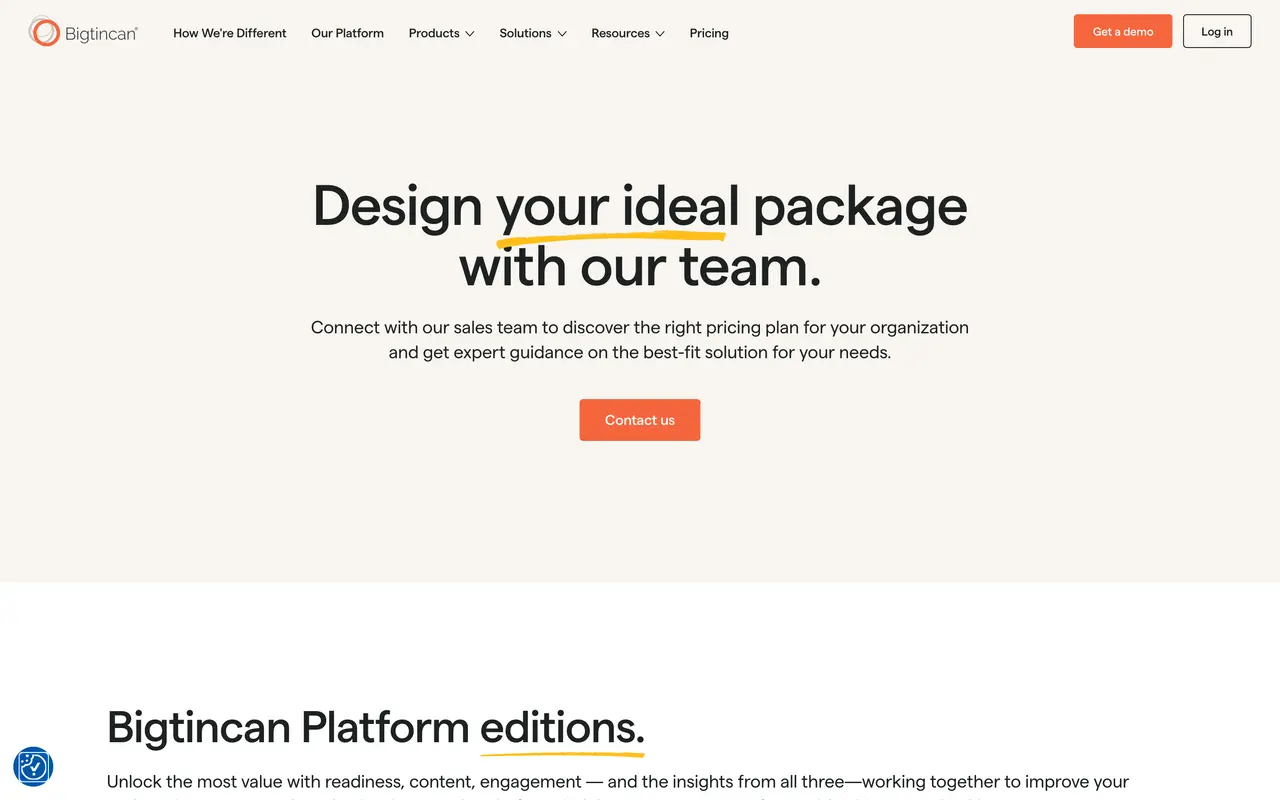 Bigtincan pricing page - Sales Enablement SaaS pricing tiers and plans