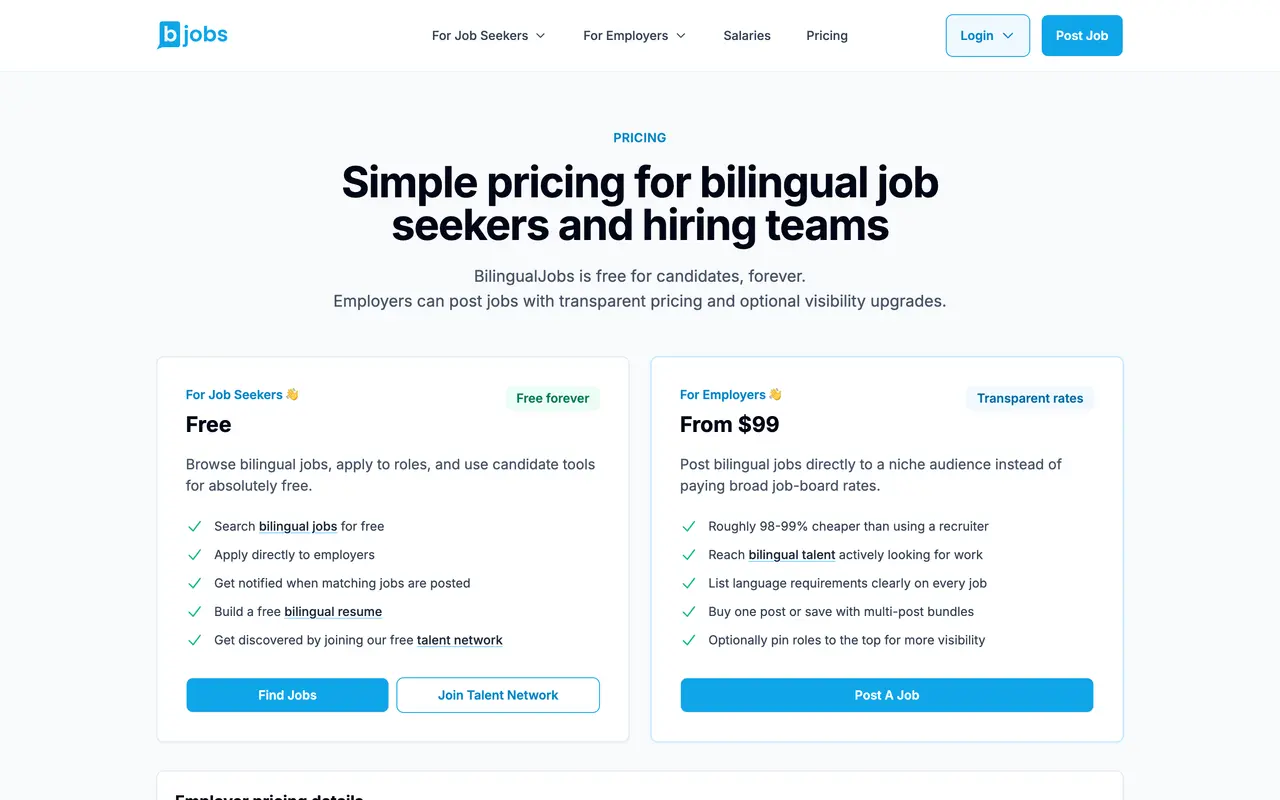 Bilingualjobs pricing page - HR & Recruiting SaaS pricing tiers and plans