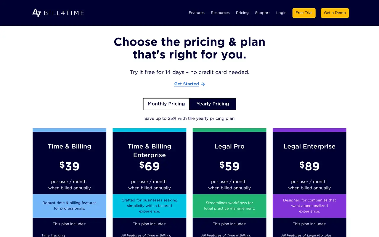 Bill4Time pricing page - Invoicing SaaS pricing tiers and plans