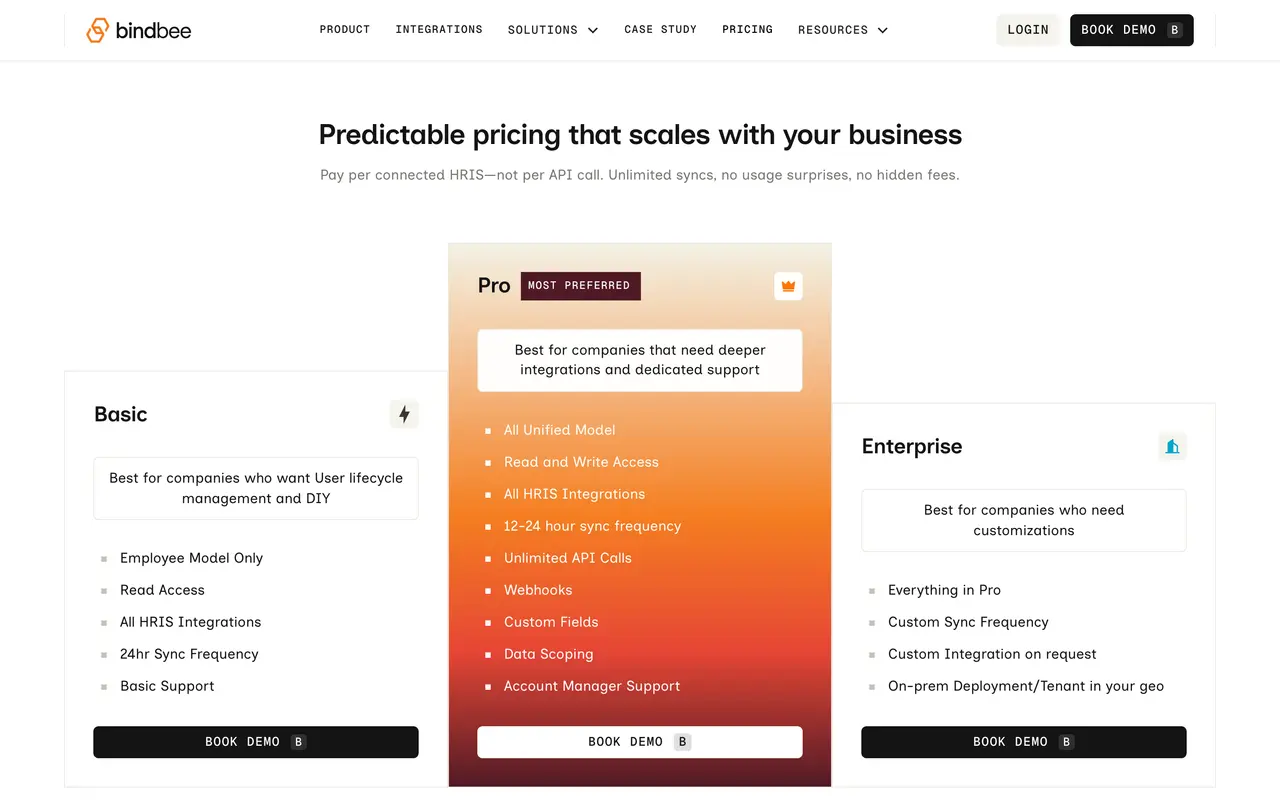 Bindbee pricing page - Unified API SaaS pricing tiers and plans