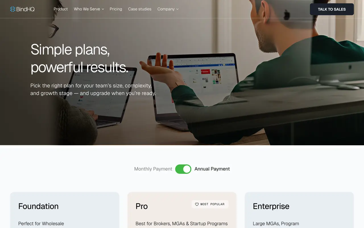 BindHQ pricing page - Insurance SaaS pricing tiers and plans