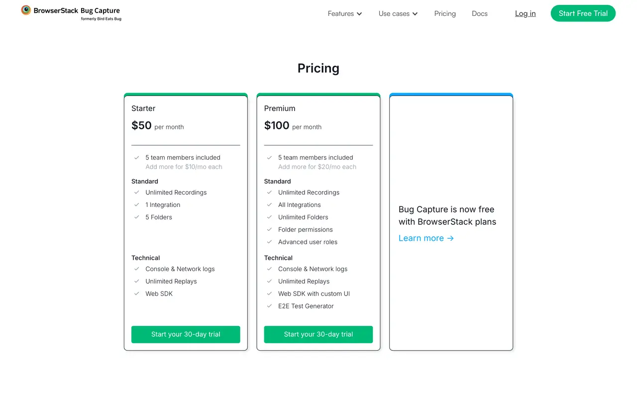 BrowserStack Bug Capture pricing page - Feedback SaaS pricing tiers and plans