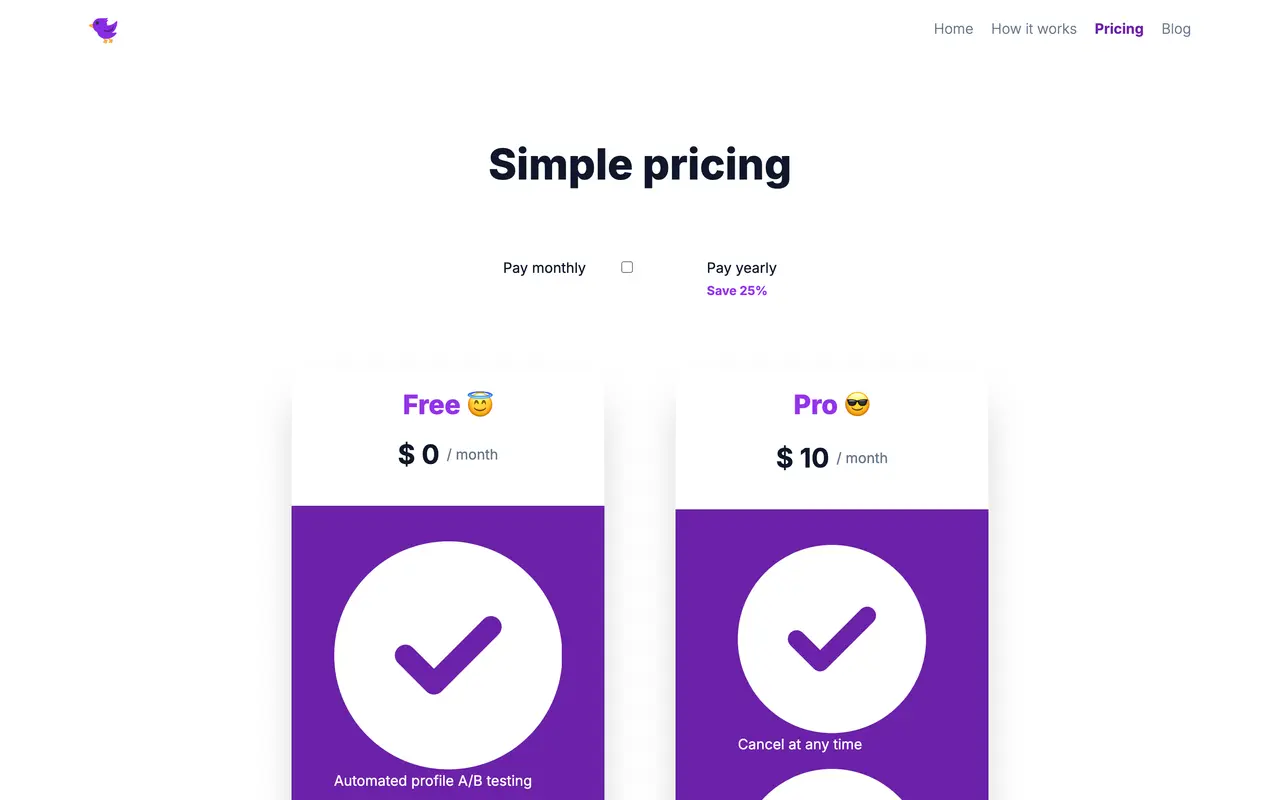 Birdy pricing page - Testing & QA SaaS pricing tiers and plans