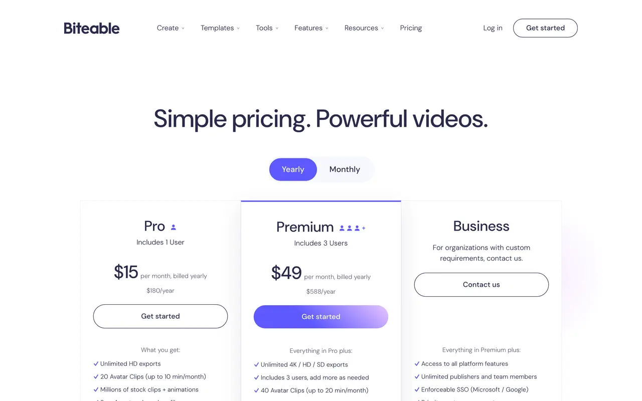 Biteable pricing page - Video SaaS pricing tiers and plans