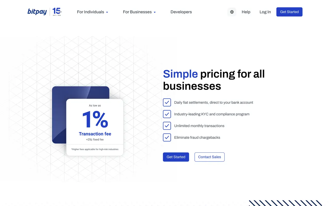 BitPay pricing page - Fintech SaaS pricing tiers and plans