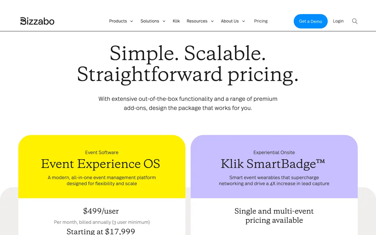 Bizzabo pricing page - Design & Creative SaaS pricing tiers and plans
