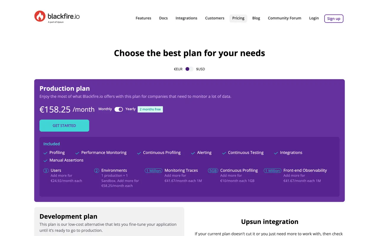 Blackfire pricing page - Monitoring SaaS pricing tiers and plans
