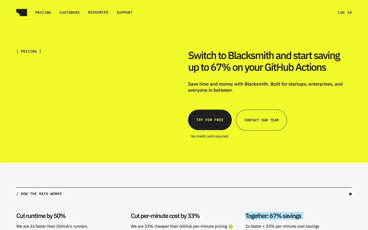 Blacksmith pricing page - DevOps & CI/CD SaaS pricing tiers and plans