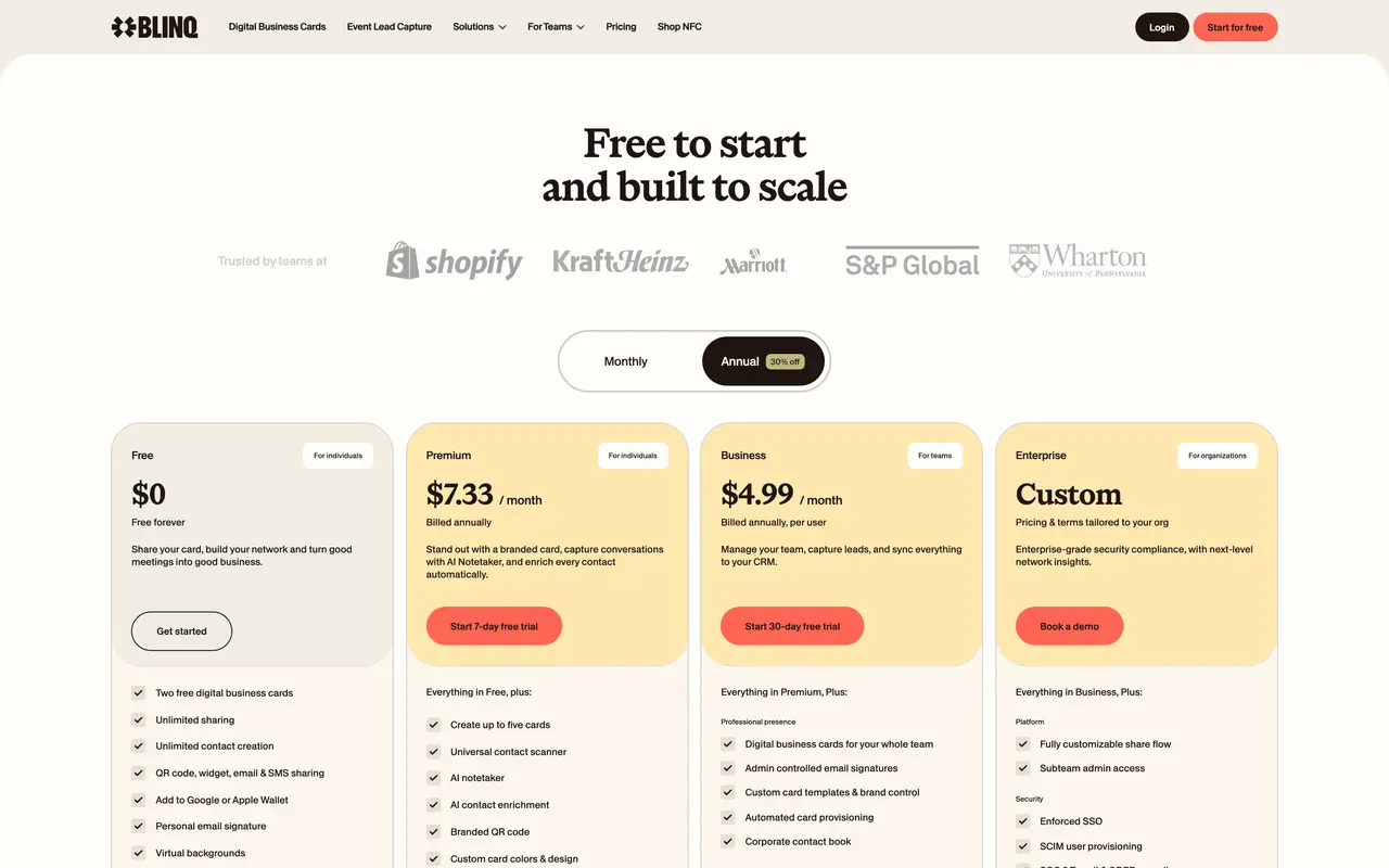 Blinq pricing page - Digital Business Cards SaaS pricing tiers and plans