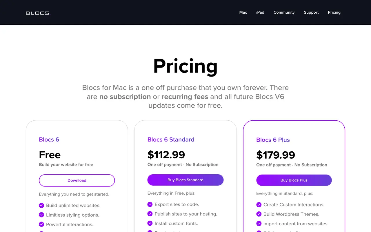 Blocsapp pricing page - Website & CMS SaaS pricing tiers and plans