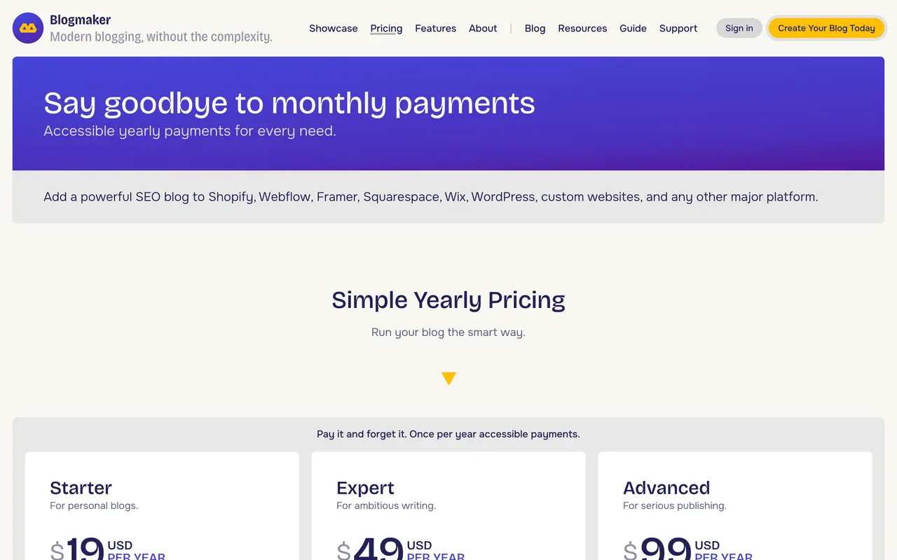 Blogmaker pricing page - Website & CMS SaaS pricing tiers and plans