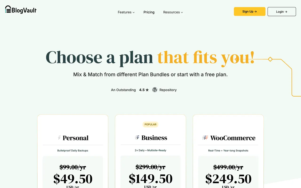 Blogvault pricing page - WordPress SaaS pricing tiers and plans