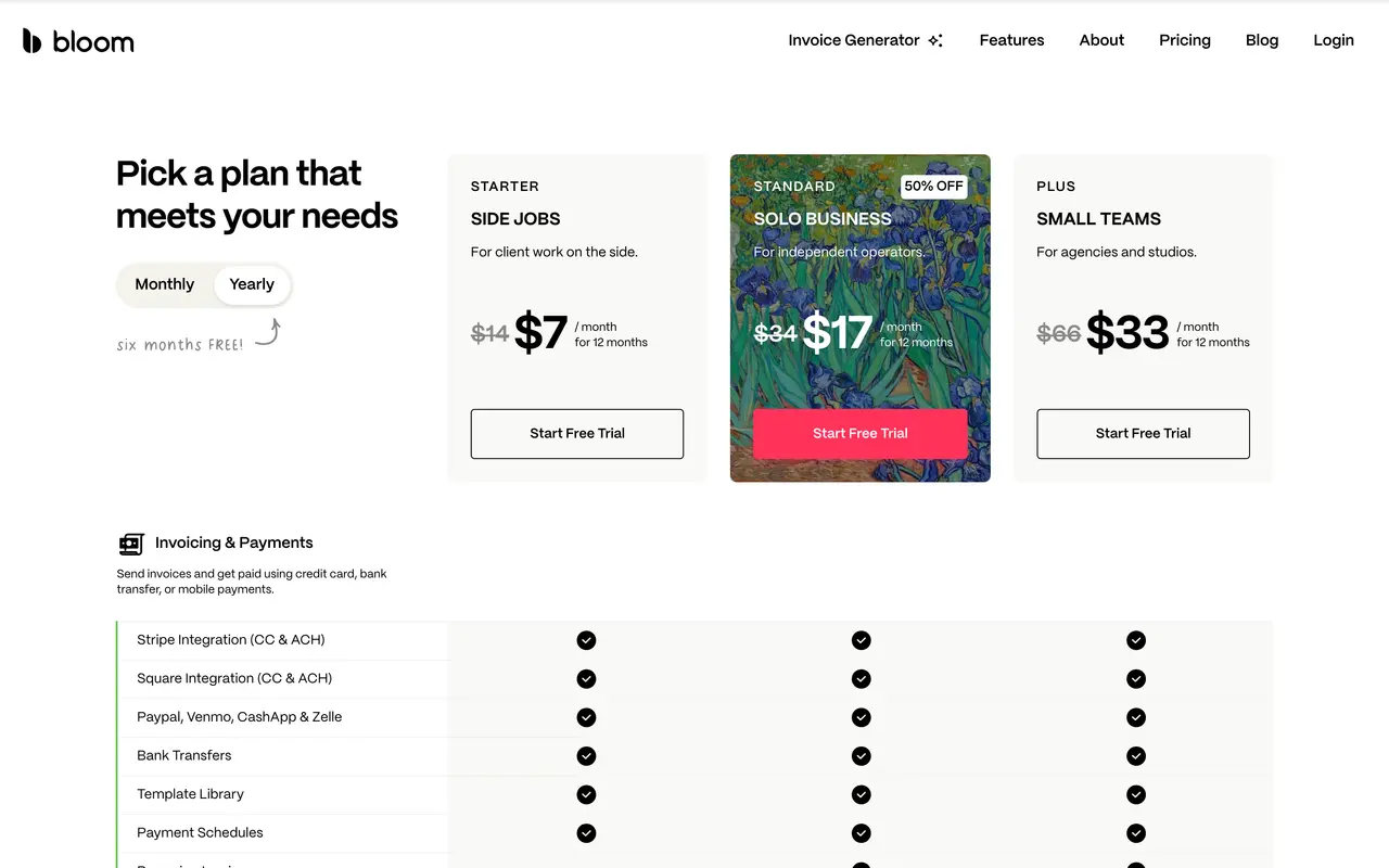 Bloom pricing page - Time Tracking & Invoicing SaaS pricing tiers and plans