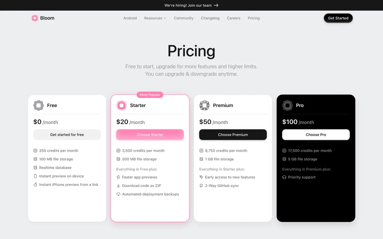Bloom pricing page - HR & Recruiting SaaS pricing tiers and plans