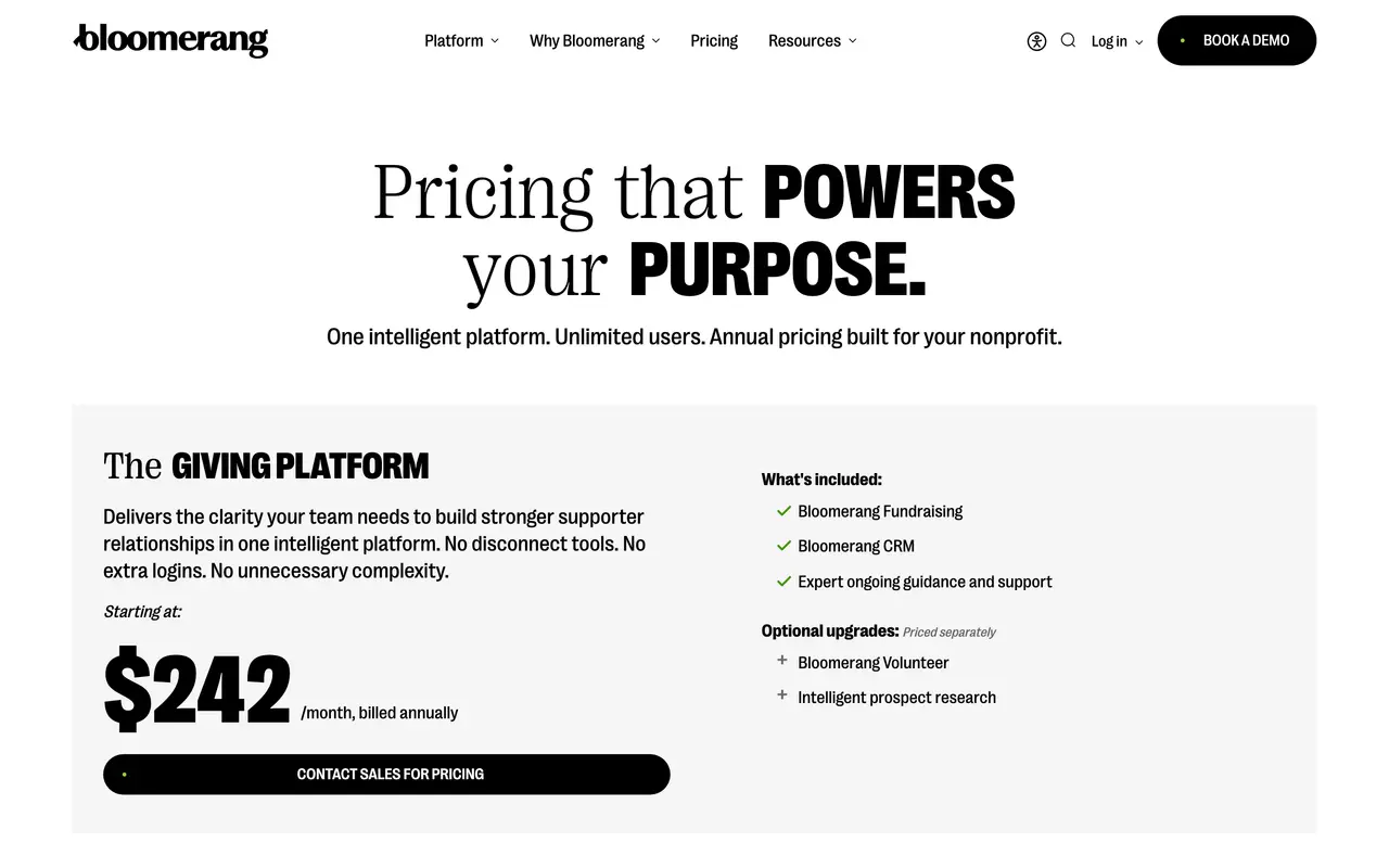 Bloomerang pricing page - CRM & Sales SaaS pricing tiers and plans