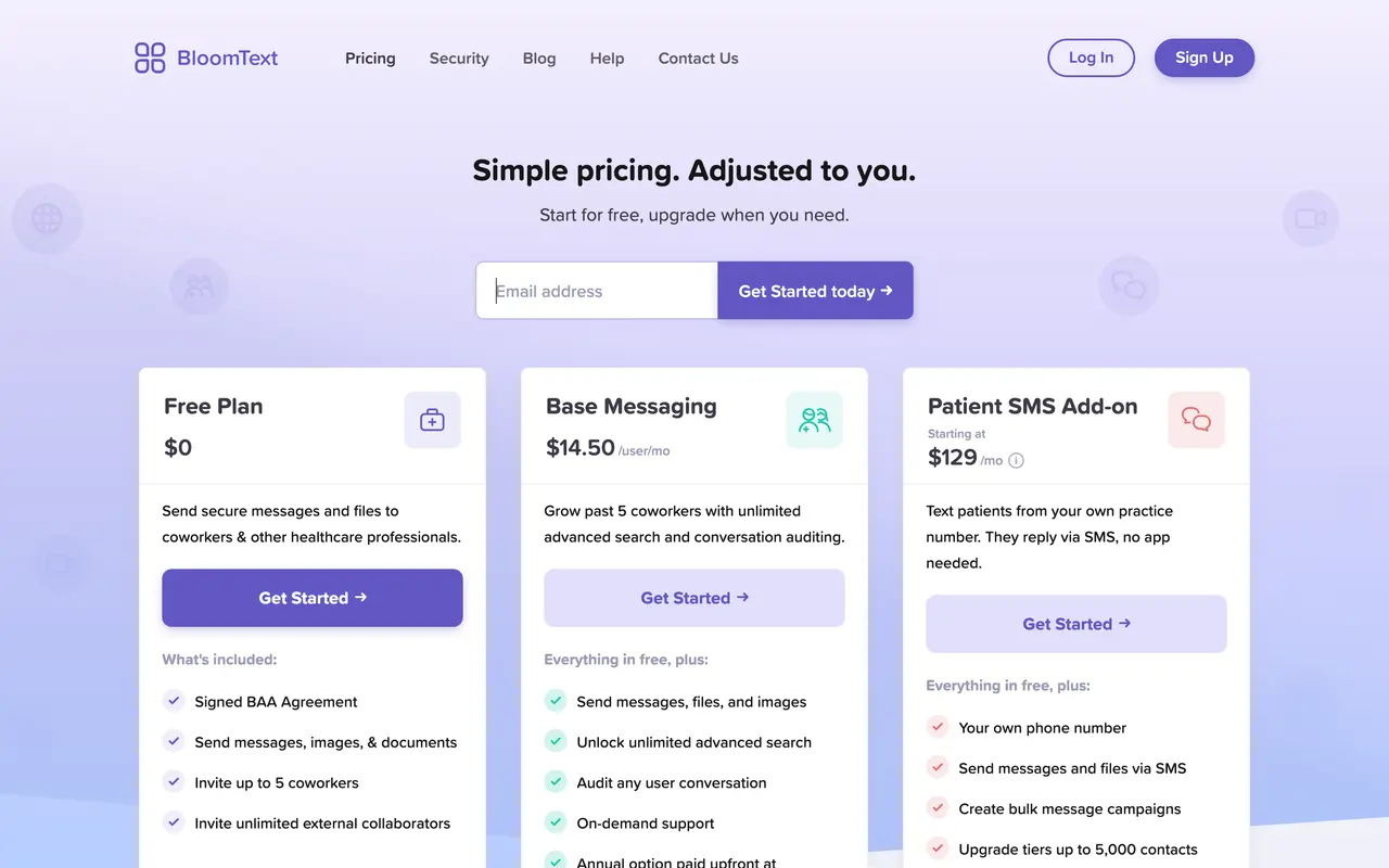 BloomText pricing page - Healthcare & Wellness SaaS pricing tiers and plans