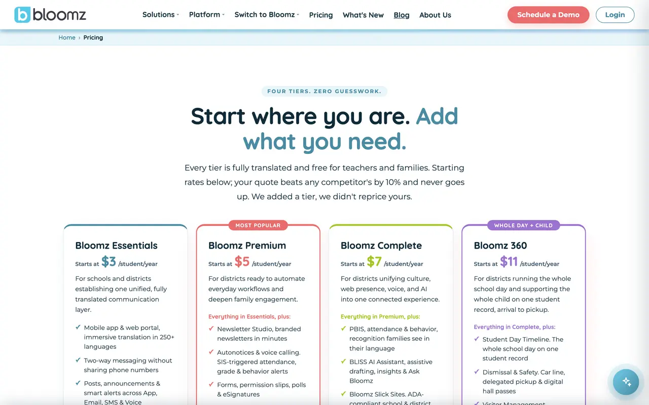 Bloomz pricing page - Education SaaS pricing tiers and plans