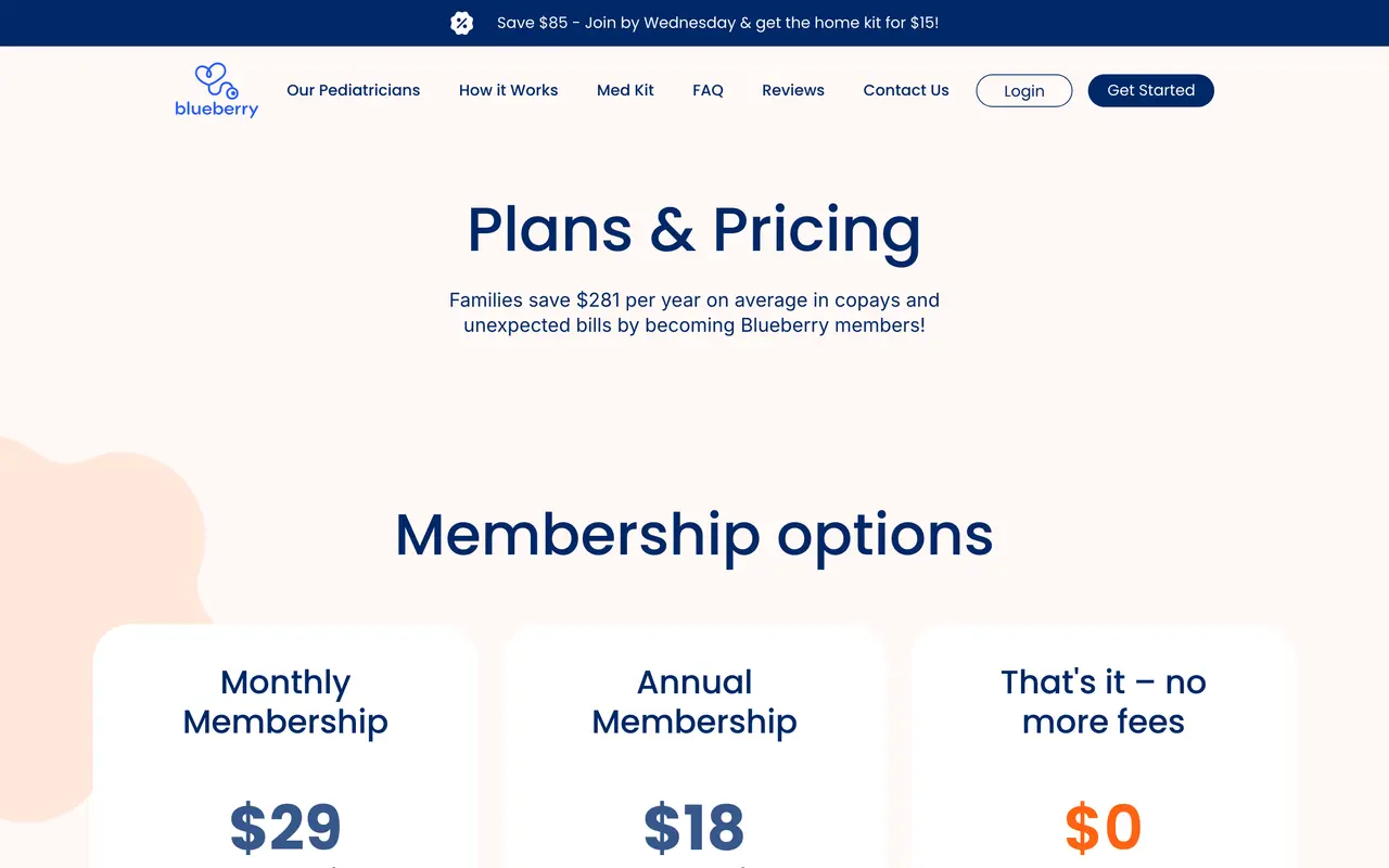 Blueberry Pediatrics pricing page - Healthcare & Wellness SaaS pricing tiers and plans