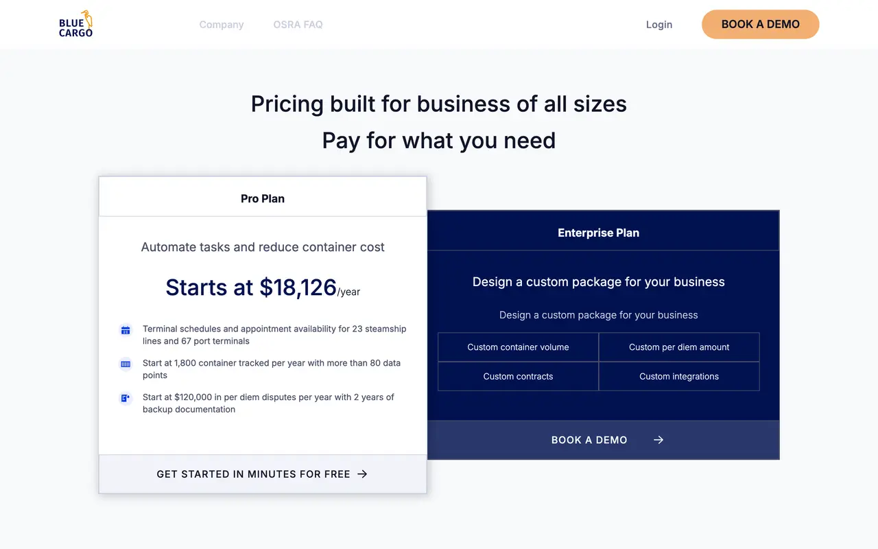 BlueCargo pricing page - Supply Chain & Logistics SaaS pricing tiers and plans