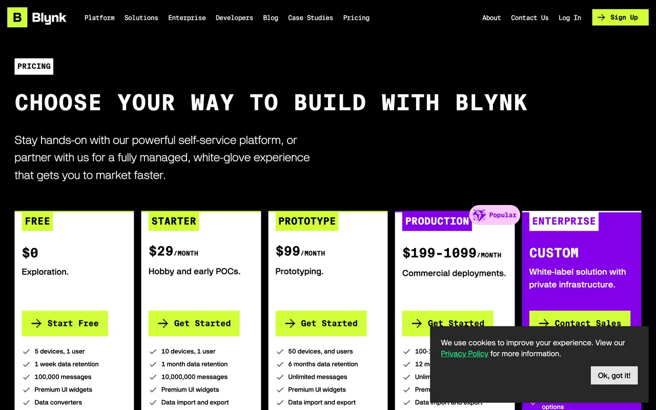 Blynk pricing page - No-Code & Low-Code SaaS pricing tiers and plans