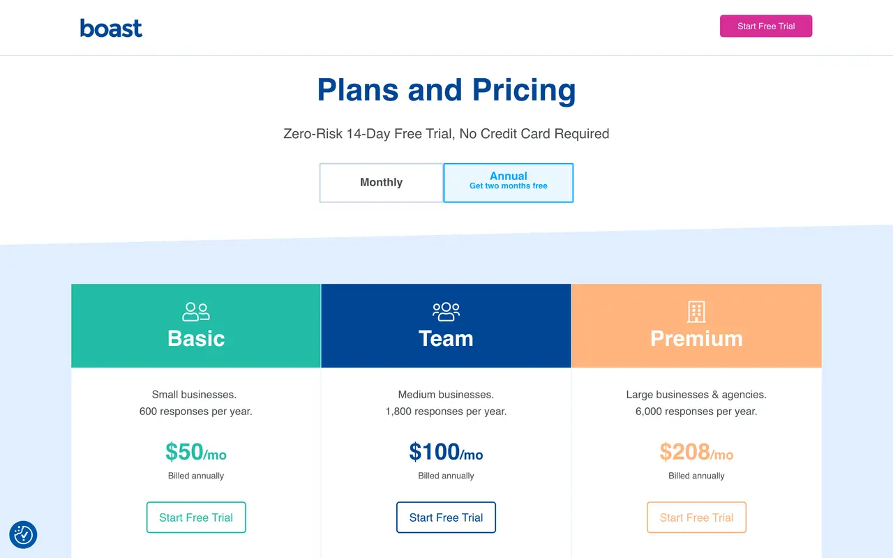 Boast pricing page - Testimonials SaaS pricing tiers and plans