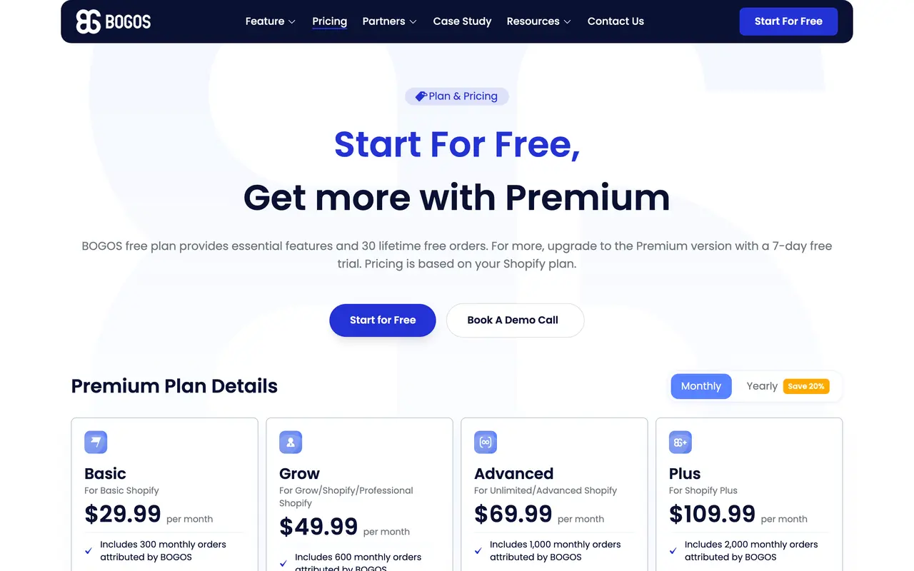 BOGOS pricing page - Shopify Apps SaaS pricing tiers and plans