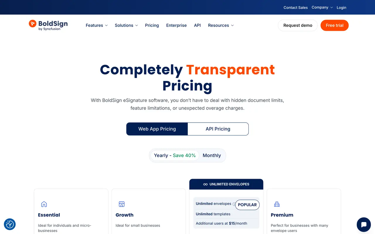 BoldSign pricing page - Proposal & Contract SaaS pricing tiers and plans