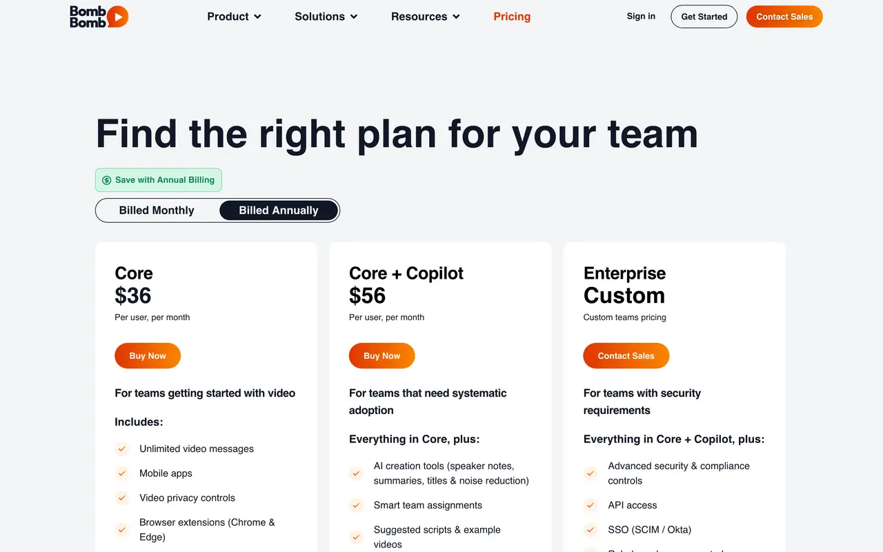 BombBomb pricing page - Email & Newsletter SaaS pricing tiers and plans