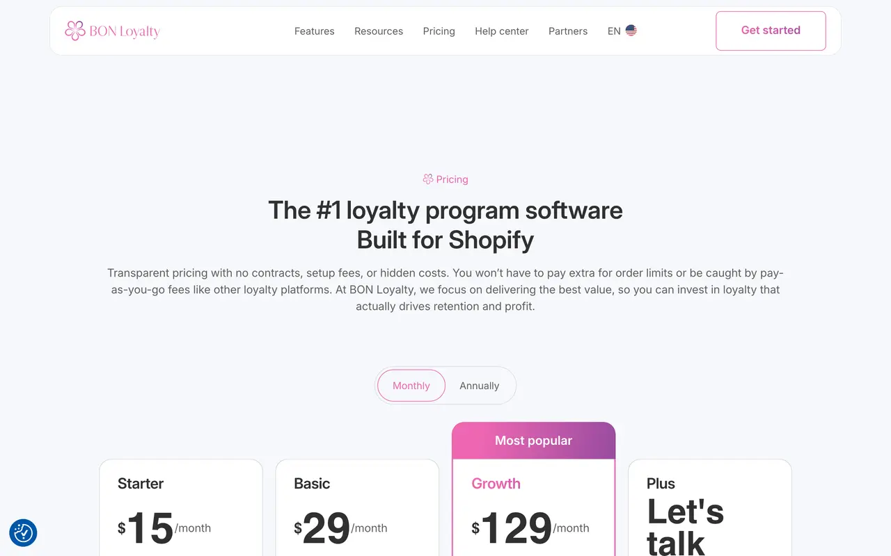 BON Loyalty pricing page - Shopify Apps SaaS pricing tiers and plans