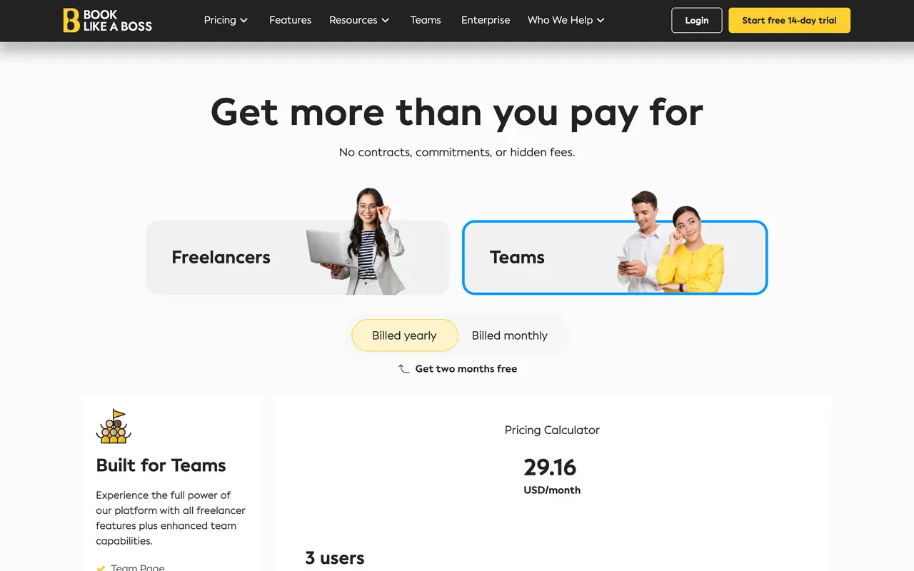 Book Like A Boss pricing page - Scheduling SaaS pricing tiers and plans