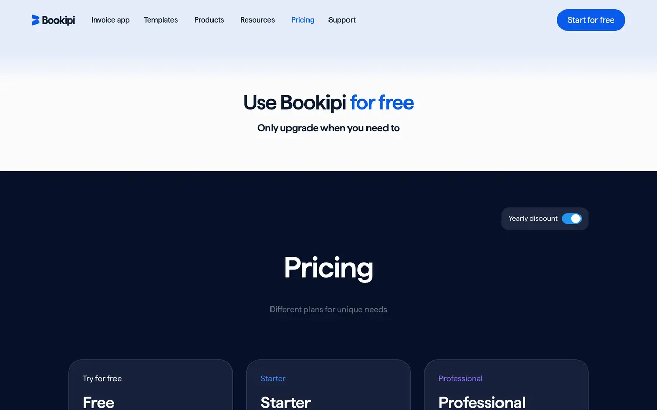 Bookipi pricing page - Invoicing SaaS pricing tiers and plans