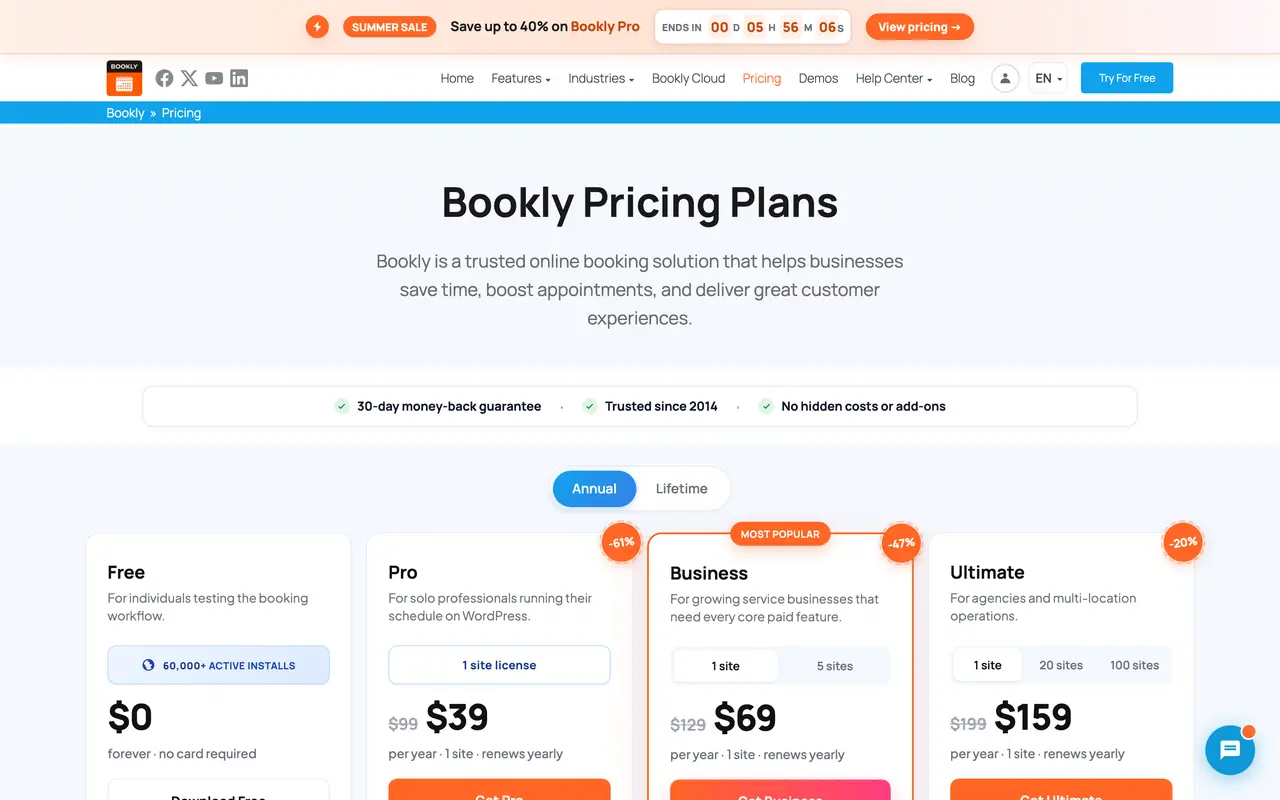 Bookly pricing page - WordPress SaaS pricing tiers and plans