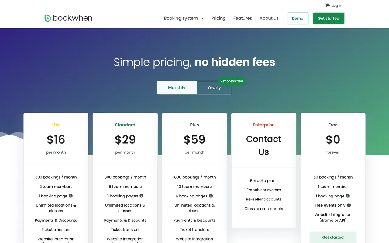 Bookwhen pricing page - Booking SaaS pricing tiers and plans