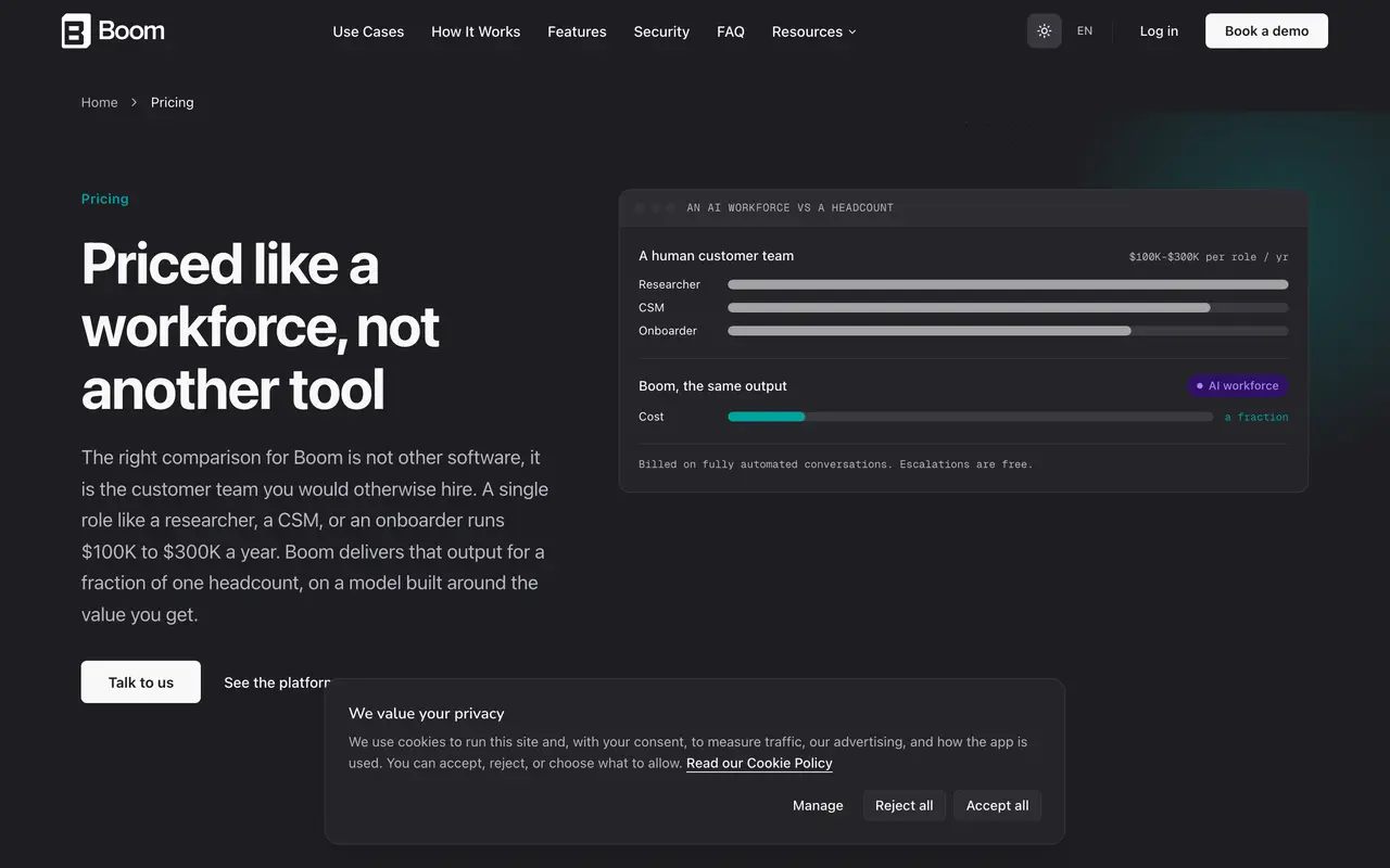 Boom AI pricing page - AI HR & Recruiting SaaS pricing tiers and plans