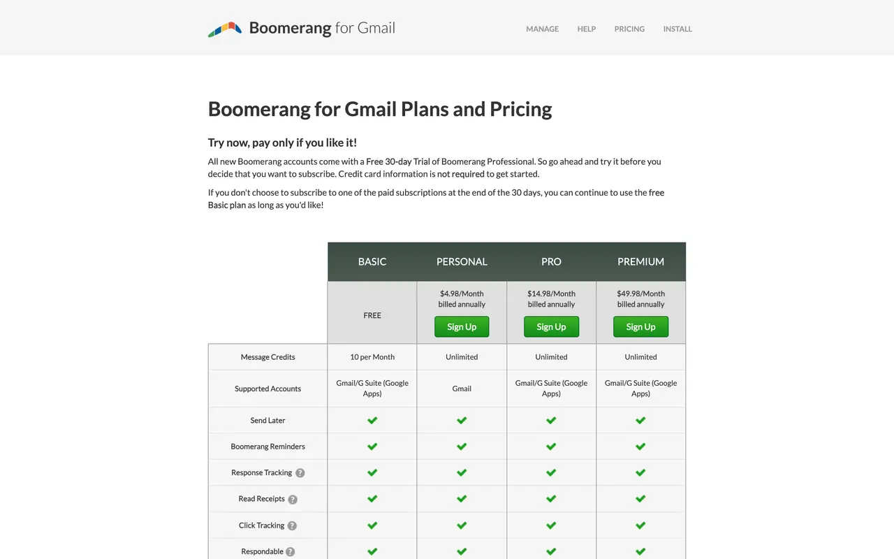 Boomerang pricing page - Email & Newsletter SaaS pricing tiers and plans