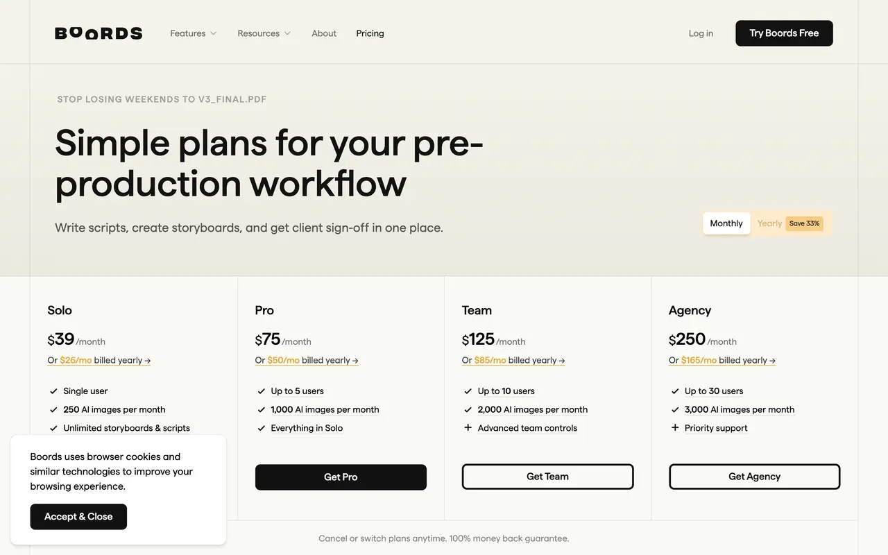 boords.com pricing page - Video & Streaming SaaS pricing tiers and plans