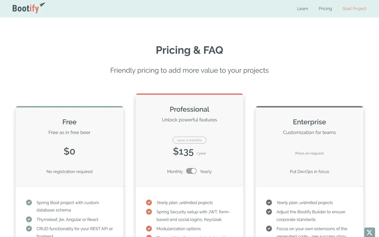 Bootify.io pricing page - Database & Backend SaaS pricing tiers and plans