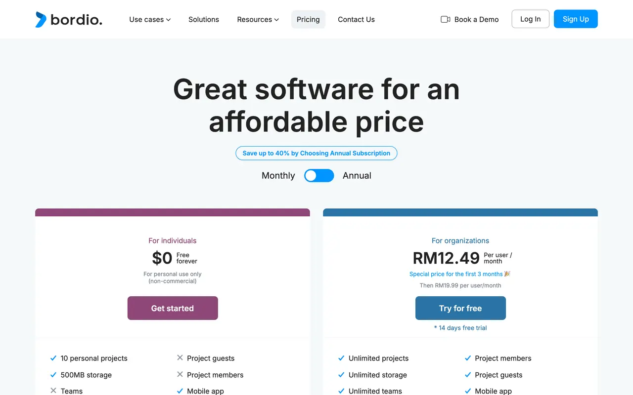 Bordio pricing page - Project Management SaaS pricing tiers and plans