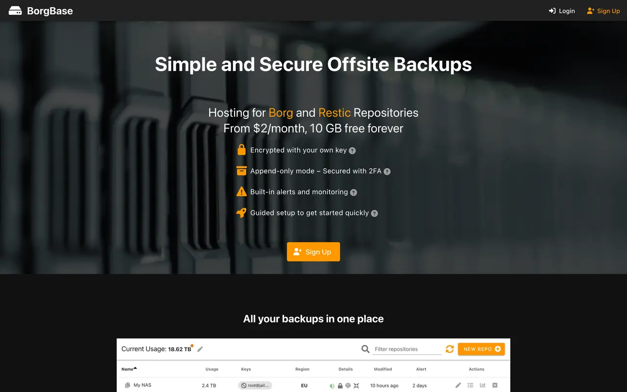 BorgBase pricing page - Storage & Backup SaaS pricing tiers and plans